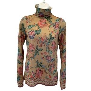 Hale Bob Floral Mesh Turtleneck XS Classy Tan Rose Green Stretch Top